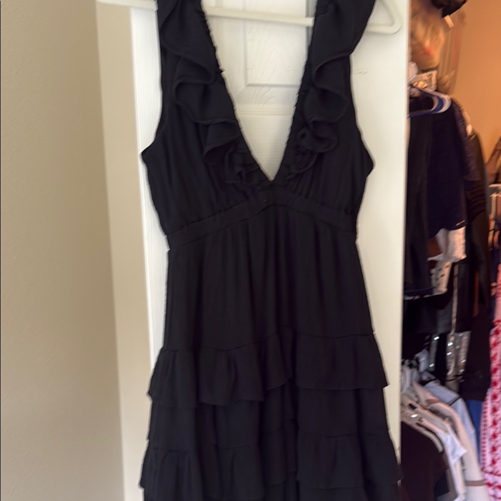 HYFVE Black Ruffle Backless V-Neck Dress